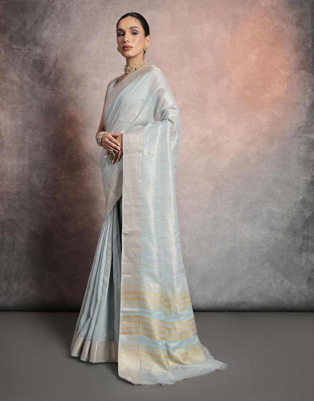 Light Blue Soft Mulberry Silk Saree With Zari Weaving Linning Work