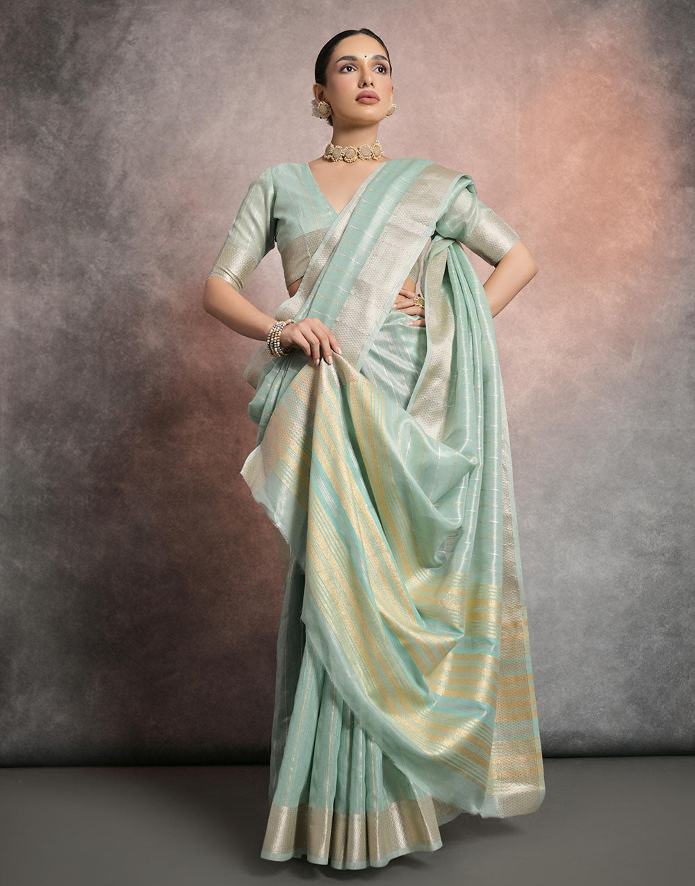 Sea Green Soft Mulberry Silk Saree With Zari Weaving Linning Work