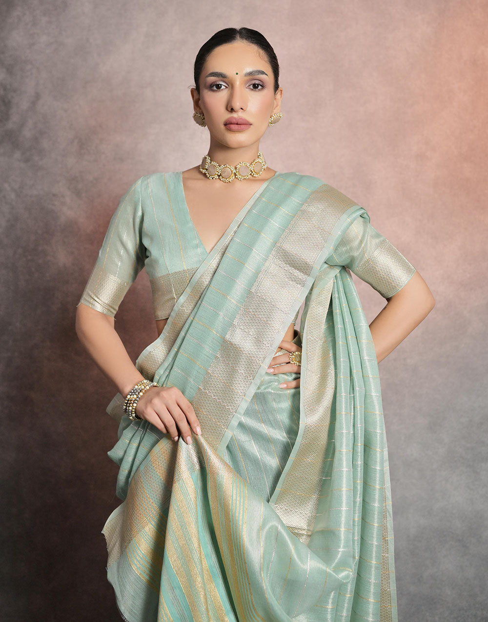 Sea Green Soft Mulberry Silk Saree With Zari Weaving Linning Work