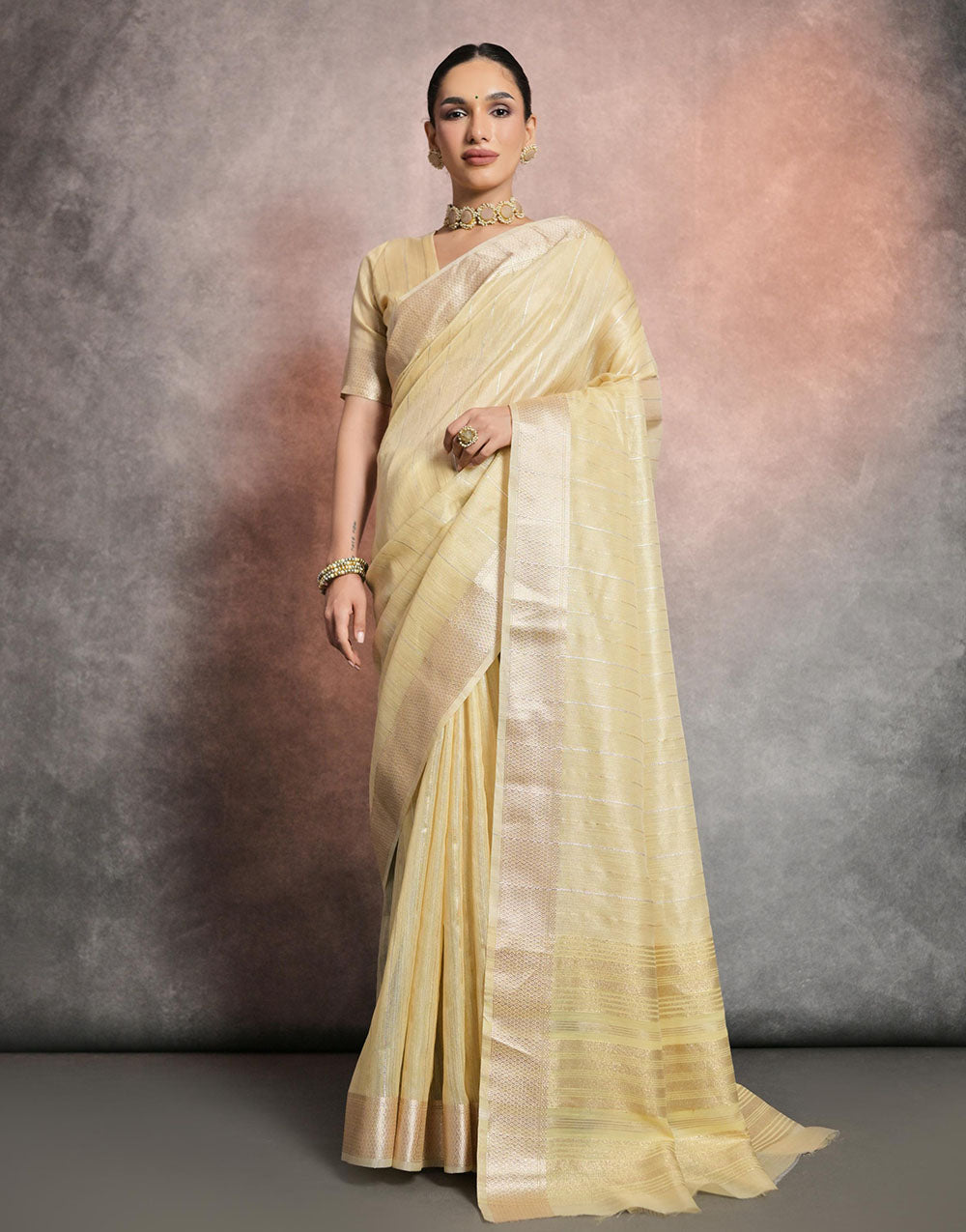 Buttermilk Yellow Soft Mulberry Silk Saree With Zari Weaving Linning Work