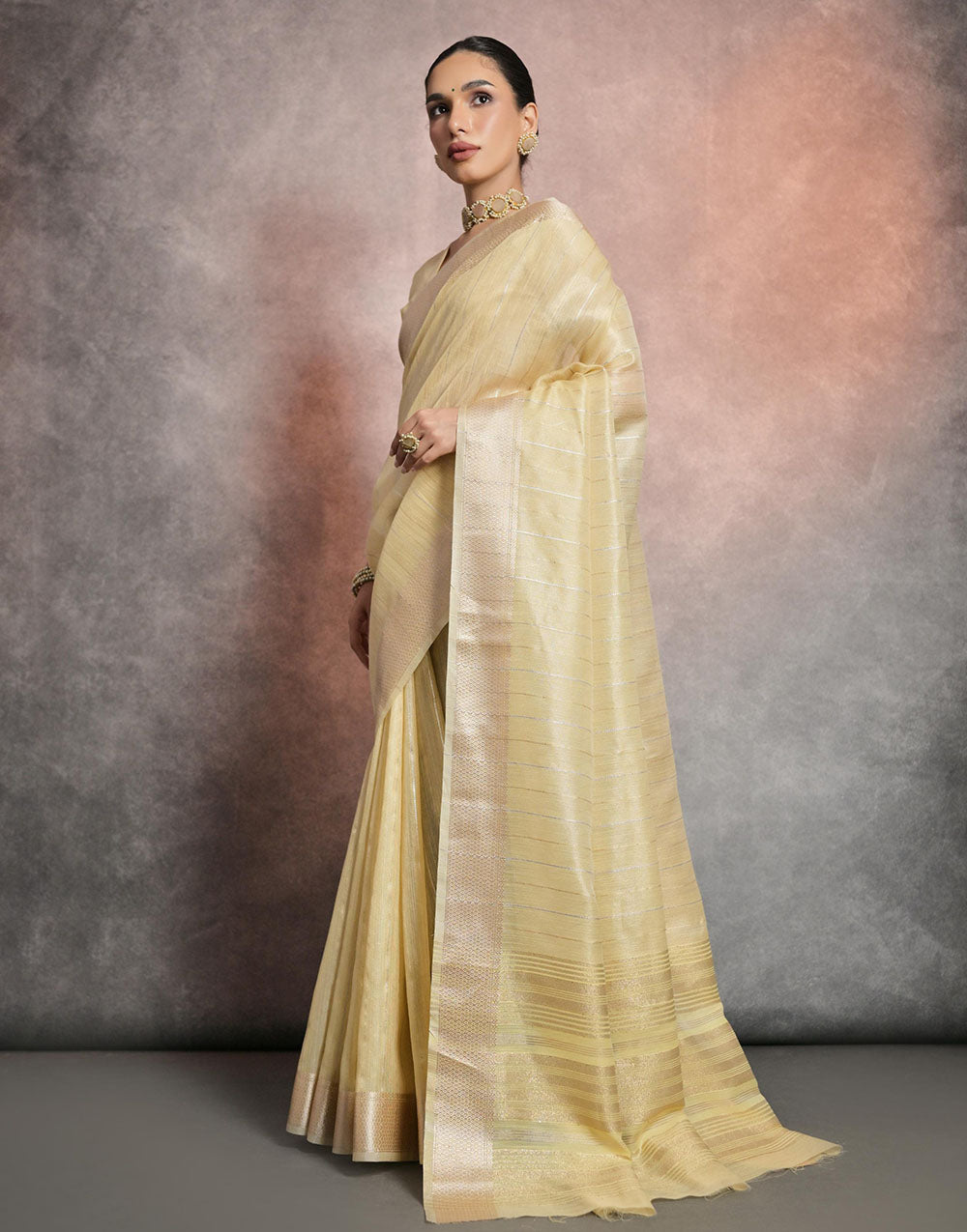 Buttermilk Yellow Soft Mulberry Silk Saree With Zari Weaving Linning Work