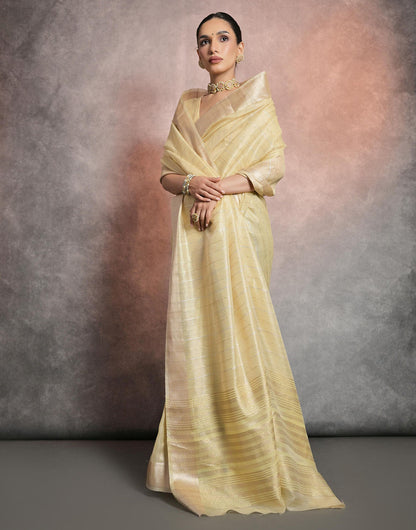 Buttermilk Yellow Soft Mulberry Silk Saree With Zari Weaving Linning Work