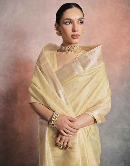 Buttermilk Yellow Soft Mulberry Silk Saree With Zari Weaving Linning Work