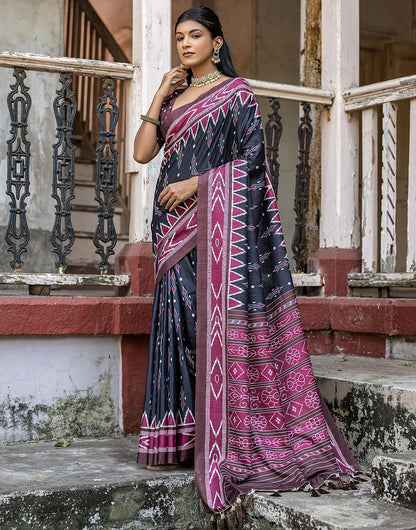 Black Soft Tussar Silk Saree With Ikkat Printed Work