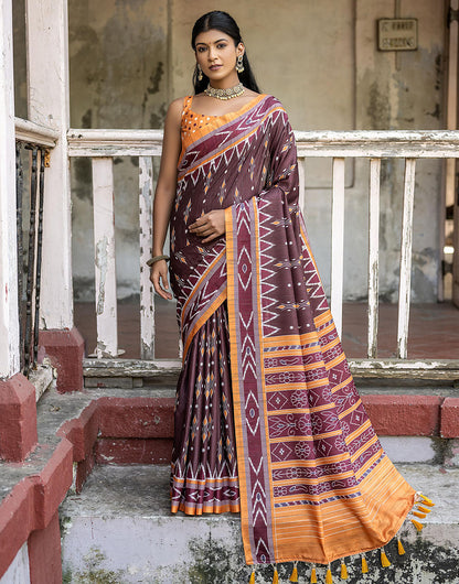 Brown Soft Tussar Silk Saree With Ikkat Printed Work