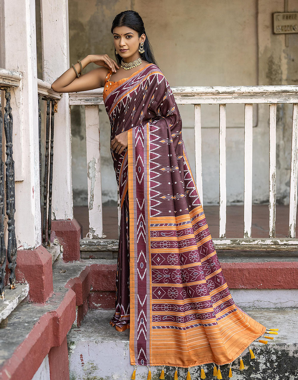 Brown Soft Tussar Silk Saree With Ikkat Printed Work