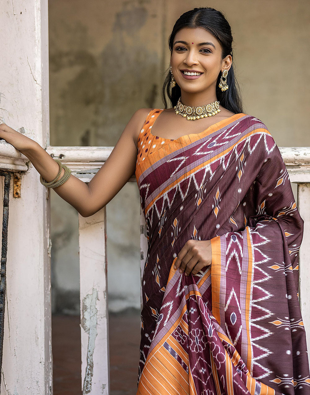 Brown Soft Tussar Silk Saree With Ikkat Printed Work