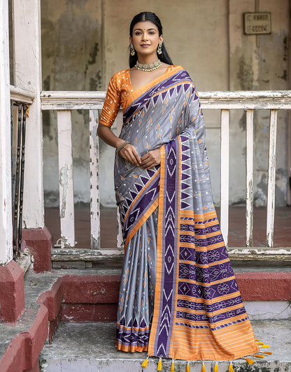 Grey Soft Tussar Silk Saree With Ikkat Printed Work