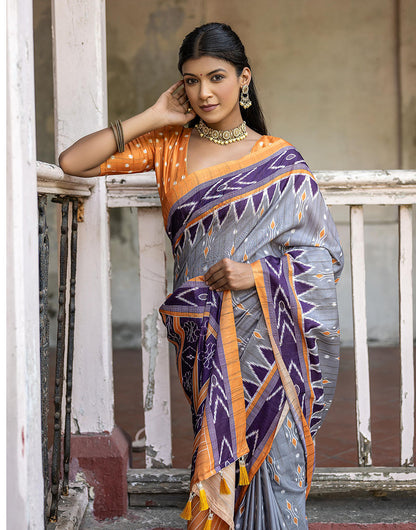 Grey Soft Tussar Silk Saree With Ikkat Printed Work