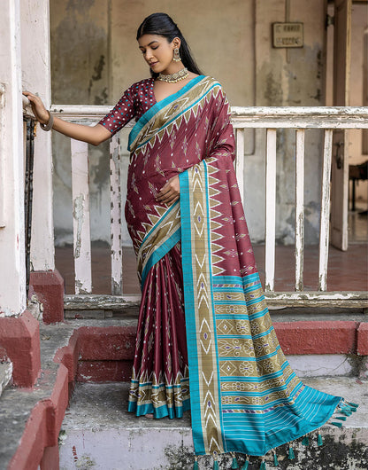 Maroon Soft Tussar Silk Saree With Ikkat Printed Work