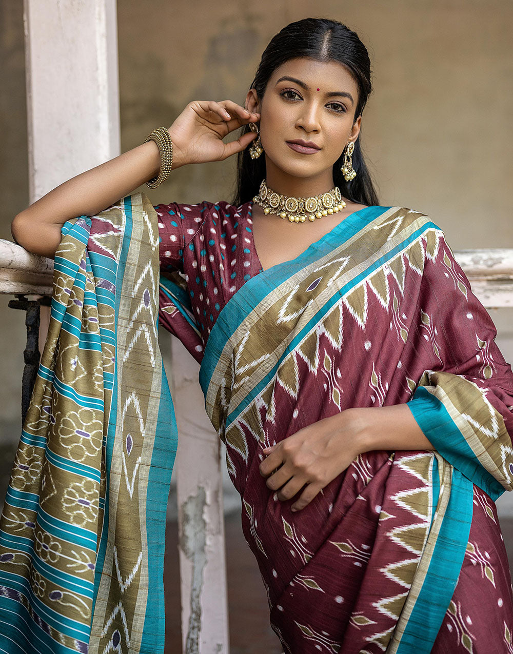 Maroon Soft Tussar Silk Saree With Ikkat Printed Work