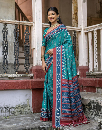 Rama Green Soft Tussar Silk Saree With Ikkat Printed Work