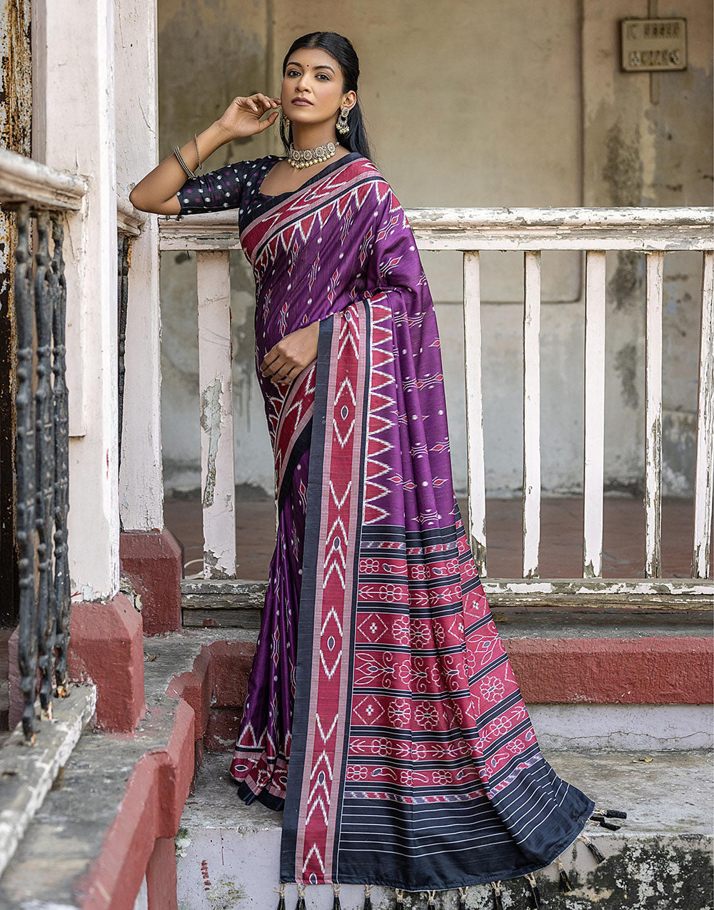 Grape Purple Soft Tussar Silk Saree With Ikkat Printed Work