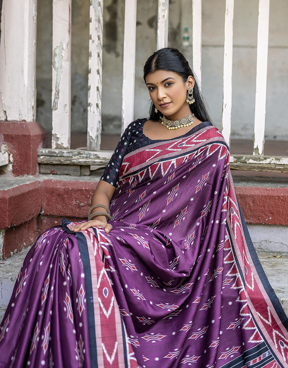 Grape Purple Soft Tussar Silk Saree With Ikkat Printed Work