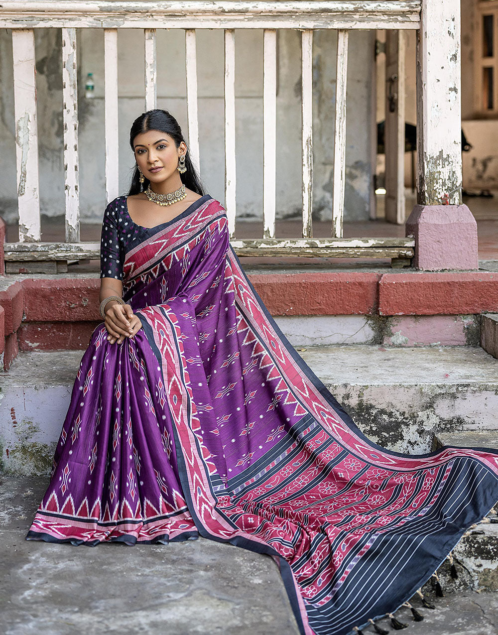 Grape Purple Soft Tussar Silk Saree With Ikkat Printed Work