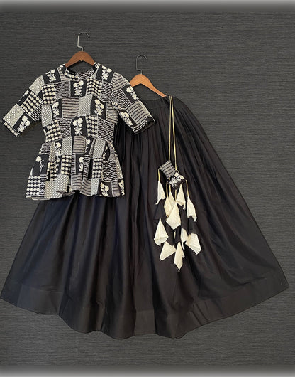 Black Cotton With Plain & Lucknowi Embroidery Work Lehenga Choli