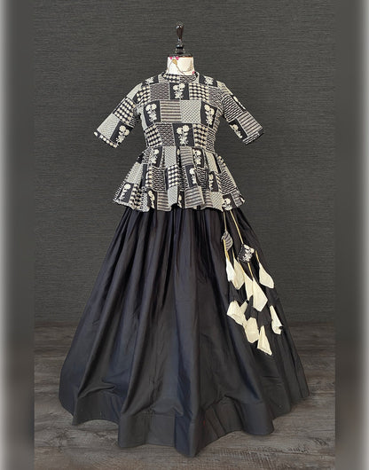 Black Cotton With Plain & Lucknowi Embroidery Work Lehenga Choli
