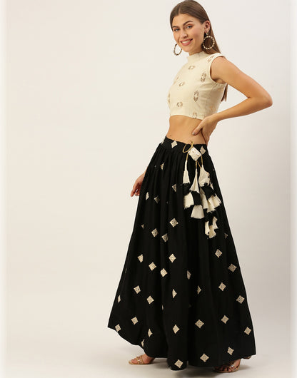 Black & Cream Cotton With Embroidery Sequence Work Lehenga Choli