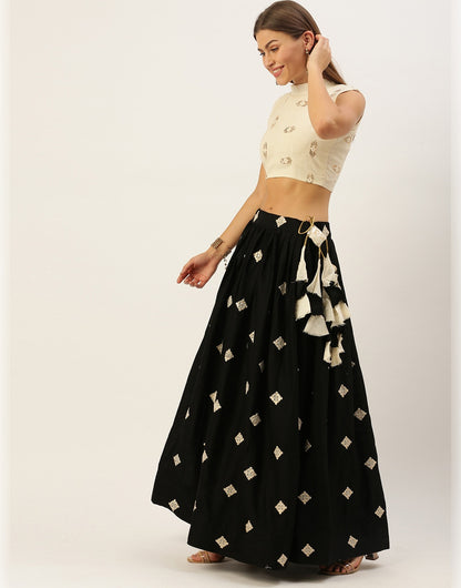 Black & Cream Cotton With Embroidery Sequence Work Lehenga Choli