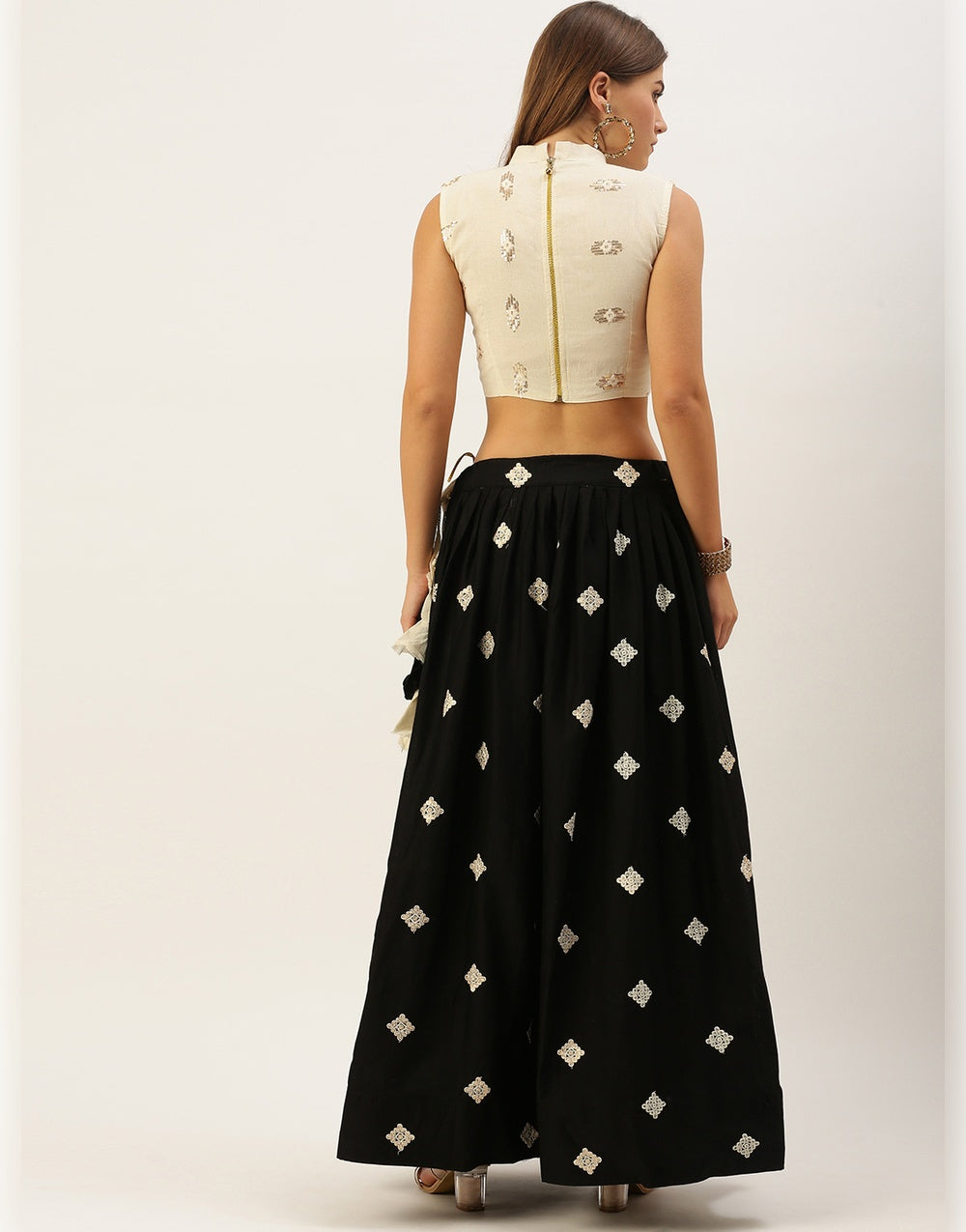 Black & Cream Cotton With Embroidery Sequence Work Lehenga Choli