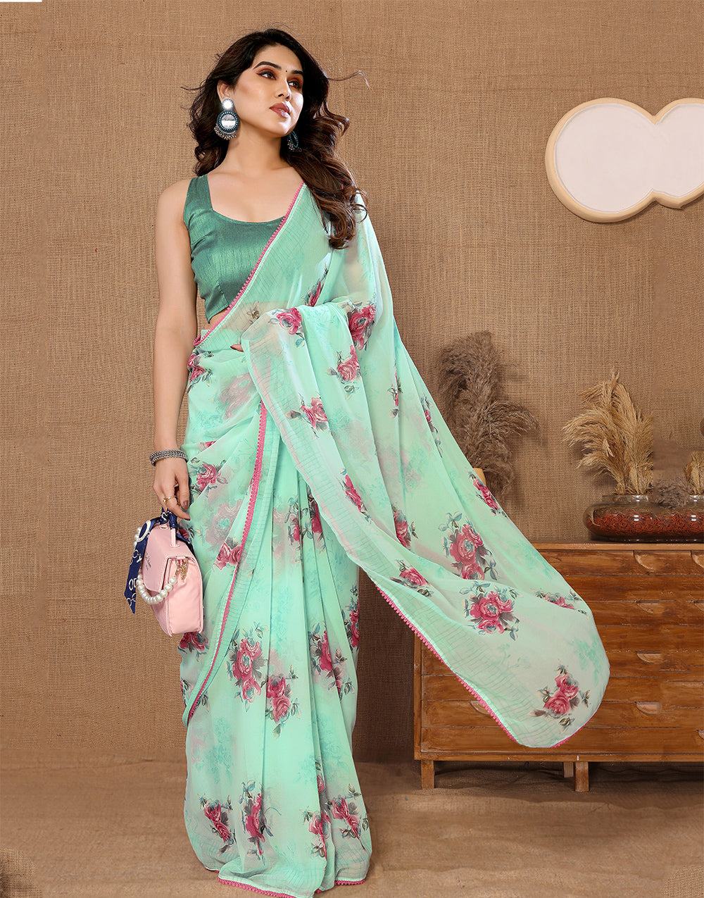 Light Green Georgette With Printed Ready To Wear Saree