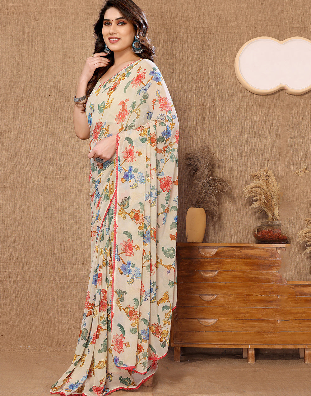 Cream Georgette With Printed Ready To Wear Saree