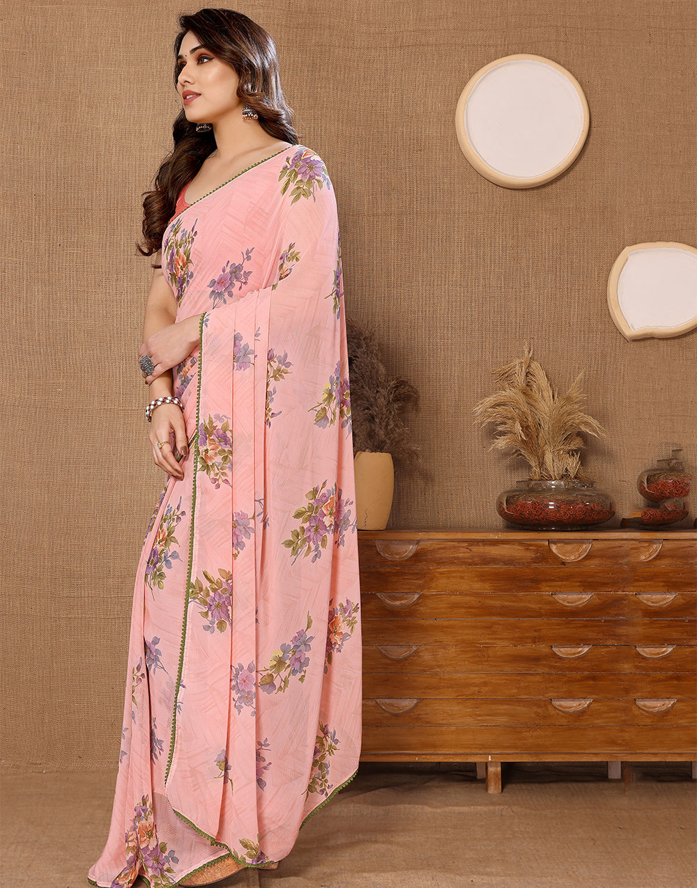 Baby Pink Georgette With Printed Ready To Wear Saree