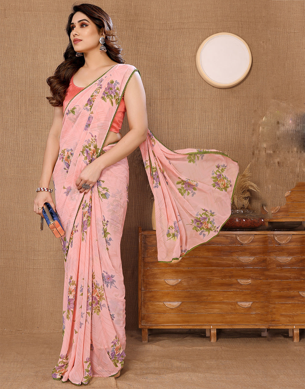 Baby Pink Georgette With Printed Ready To Wear Saree