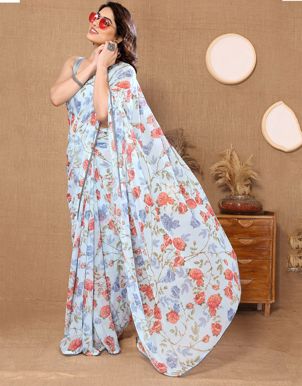 Light Sky Blue Georgette With Printed Ready To Wear Saree