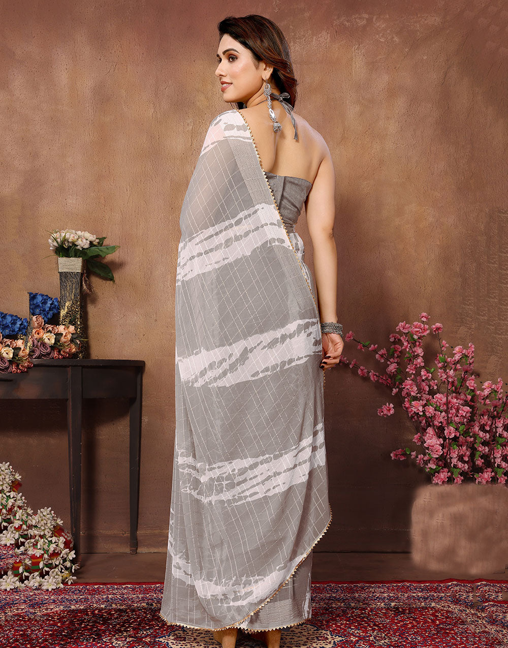 Light Grey Georgette With Printed & Weaving Checks Ready To Wear Saree