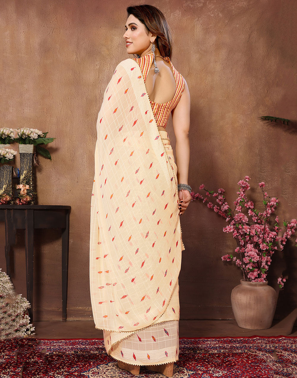 Light Yellow Georgette With Printed & Weaving Checks Ready To Wear Saree