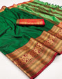 Dark Green Silk Saree With Zari Weaving Border