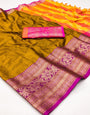 Mustard Yellow & Rani Pink Silk Saree With Weaving Work