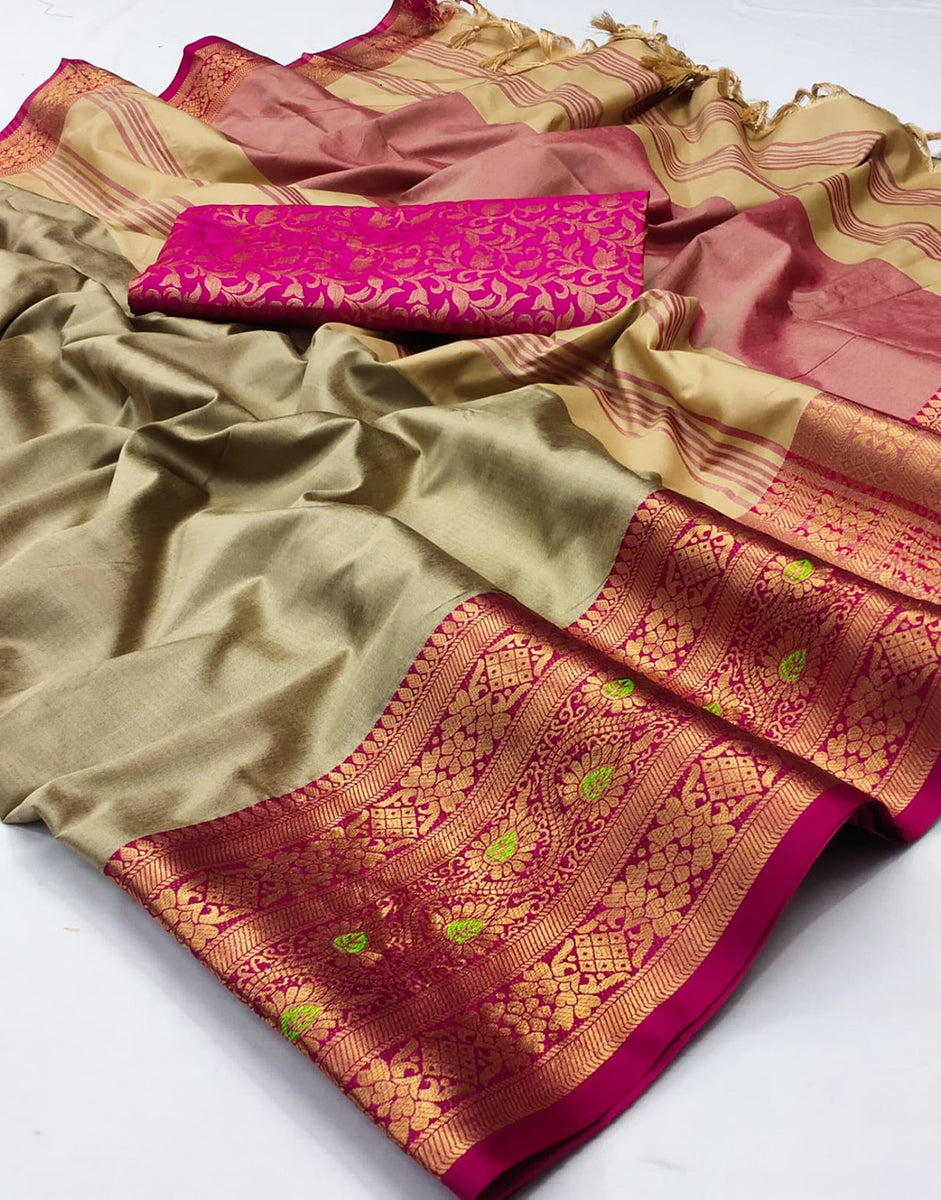 Chiku Silk Saree With Zari Weaving Border – Sareewave