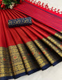 Red & Navy Blue Silk Saree With Zari Weaving Border