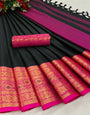 Black & Pink Silk Saree With Zari Weaving Border