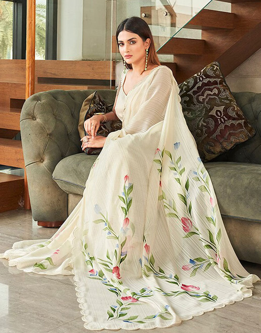 Off White Satin Saree With Printed Work