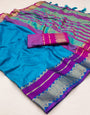 Star Commad Blue Silk Saree With Zari Weaving Border