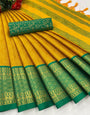 Yellow & Green Silk Saree With Zari Weaving Border