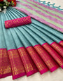 Middle Blue & Pink Silk Saree With Zari Weaving Border
