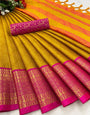 Yellow & Pink Silk Saree With Zari Weaving Border