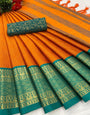 Orange & Rama Silk Saree With Zari Weaving Border