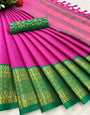 Dark Pink & Green Silk Saree With Zari Weaving Border