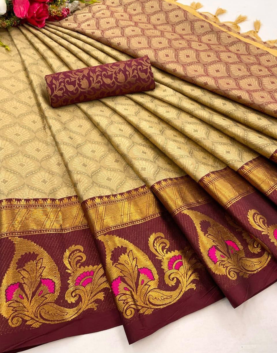 Maroon & Chiku Silk Saree With Zari Weaving Border – Sareewave