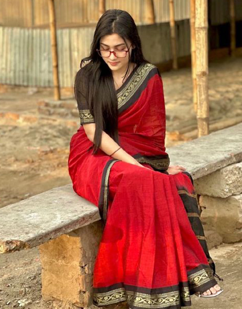 Red Silk Saree With Weaving Border