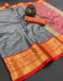 Grey & Red Silk Saree With Weaving Work