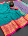 Rama & Pink Silk Saree With Weaving Work