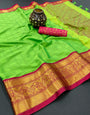 Parrot & Red Silk Saree With Weaving Work
