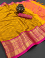 Mustard & Pink Silk Saree With Weaving Work