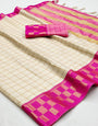 Cream & Pink Silk Saree With Weaving Work